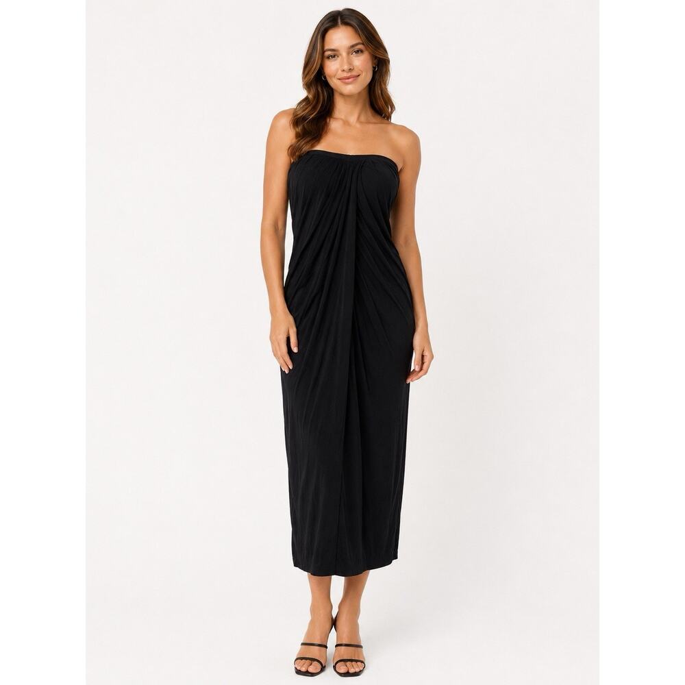 YFB Young Fabulous Broke Brooklyn Dress Black Draped Wrap Strapless Midi Knit S